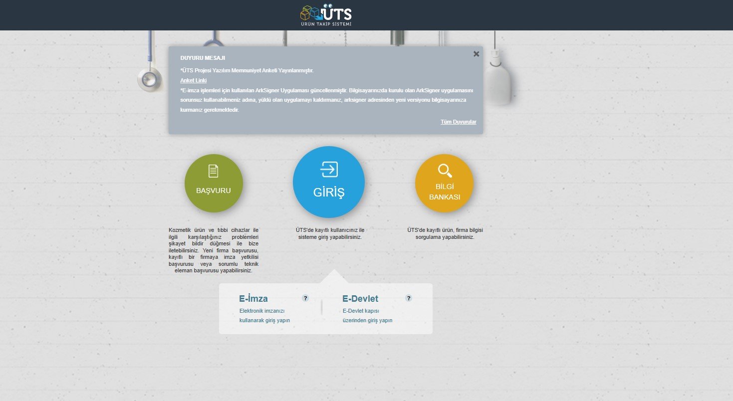 E-Devlet ve e-imza giriş seçeneklerinin bulunduğu ÜTS giriş ekranı